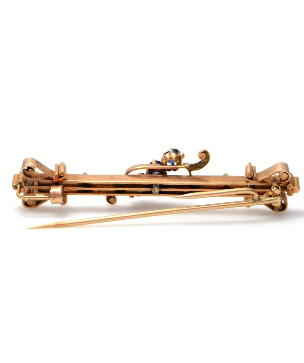 Women's or Men's Solid 14 Karat Rose Gold and Genuine Sapphire Three-Stone Bar Pin 7.7g