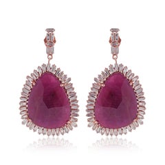 Solid 14k Rose Gold Jewelry Genuine White Baguette Diamond Ruby Gems Earring