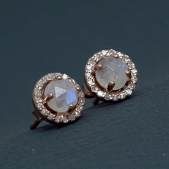 Solid 14k Rose Gold Jewelry Natural Diamond Rainbow Moonstone Dainty Earring