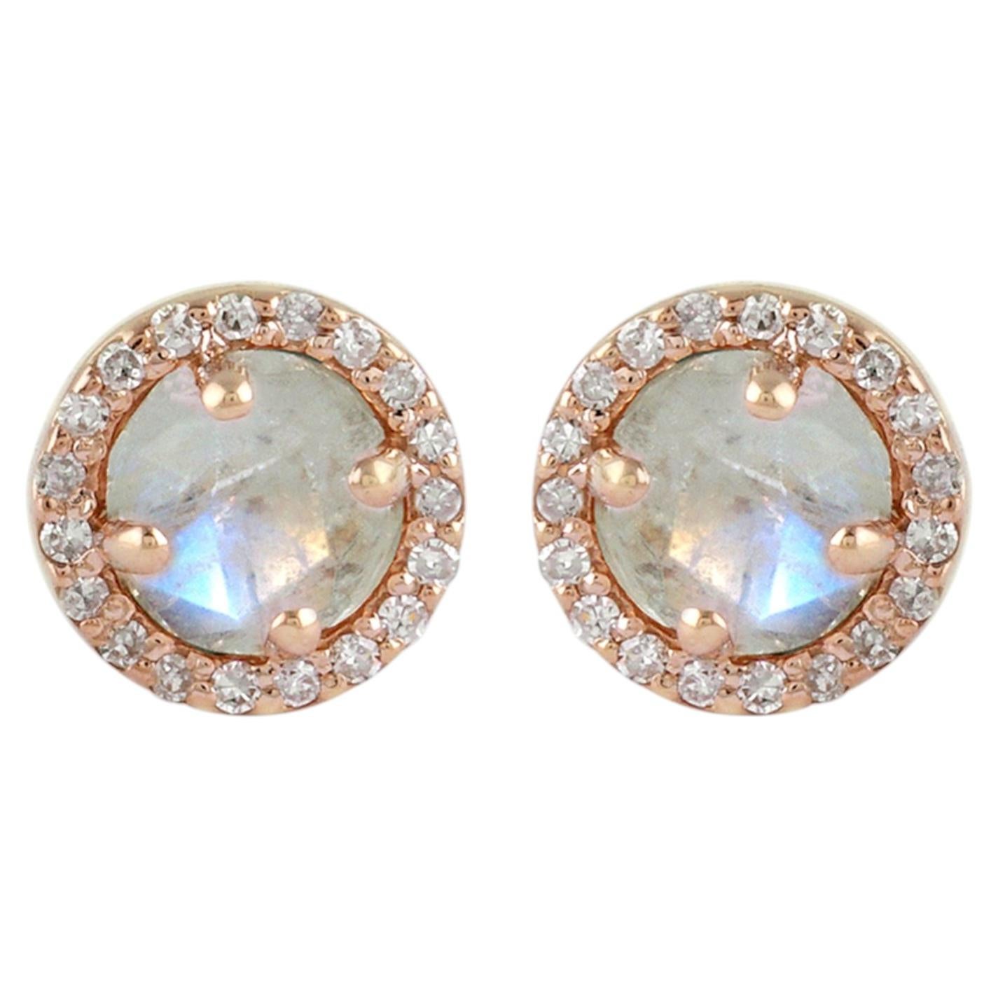 Solid 14k Rose Gold Jewelry Natural Diamond Rainbow Moonstone Dainty Earring