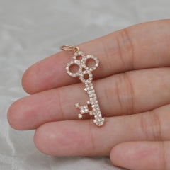 Solid 14k Rose Gold Key Pendant Handmade Natural Pave Diamond Fine Jewelry