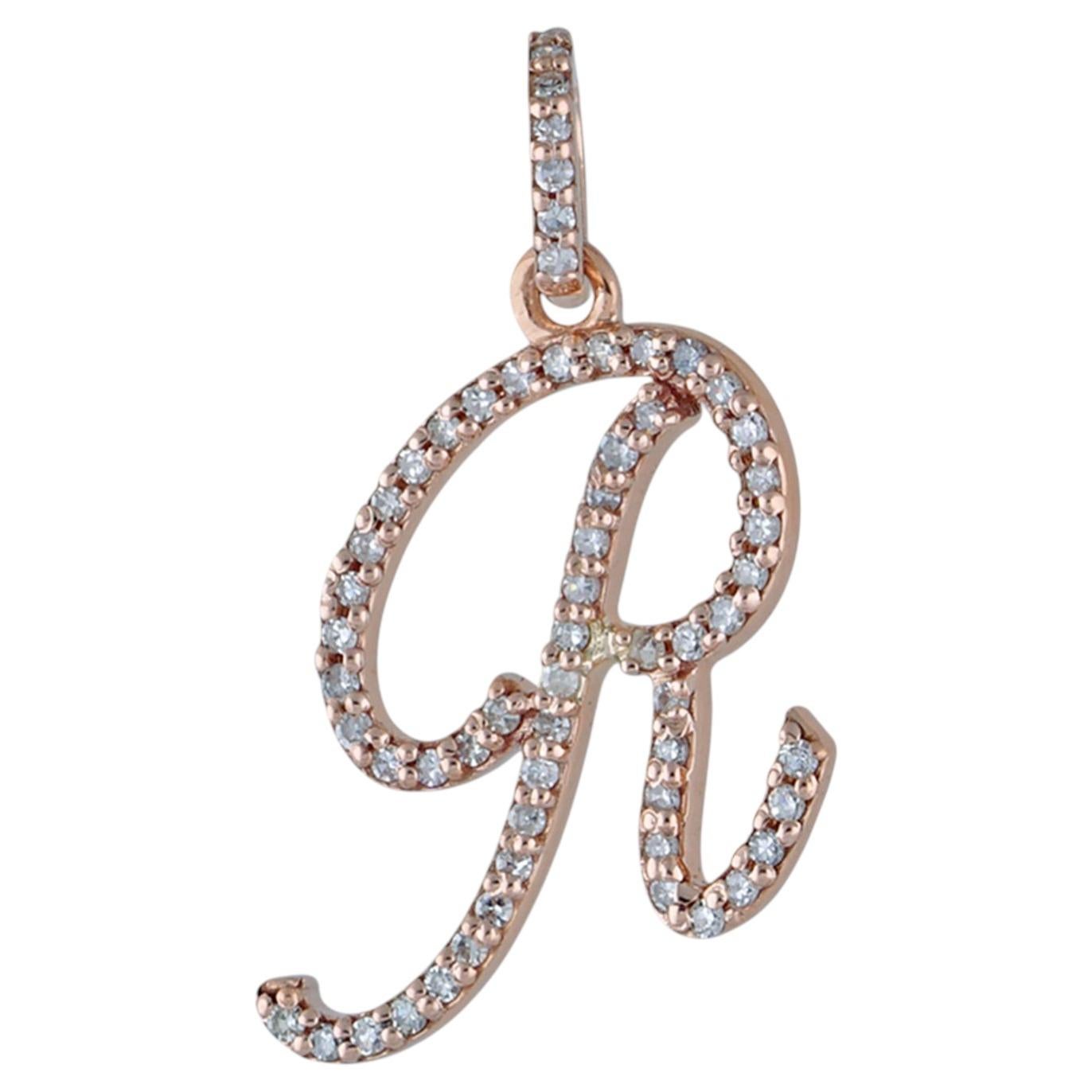 Real Diamond R Initial Alphabet Pendant Solid 14k Rose Gold Customised Jewelry For Sale