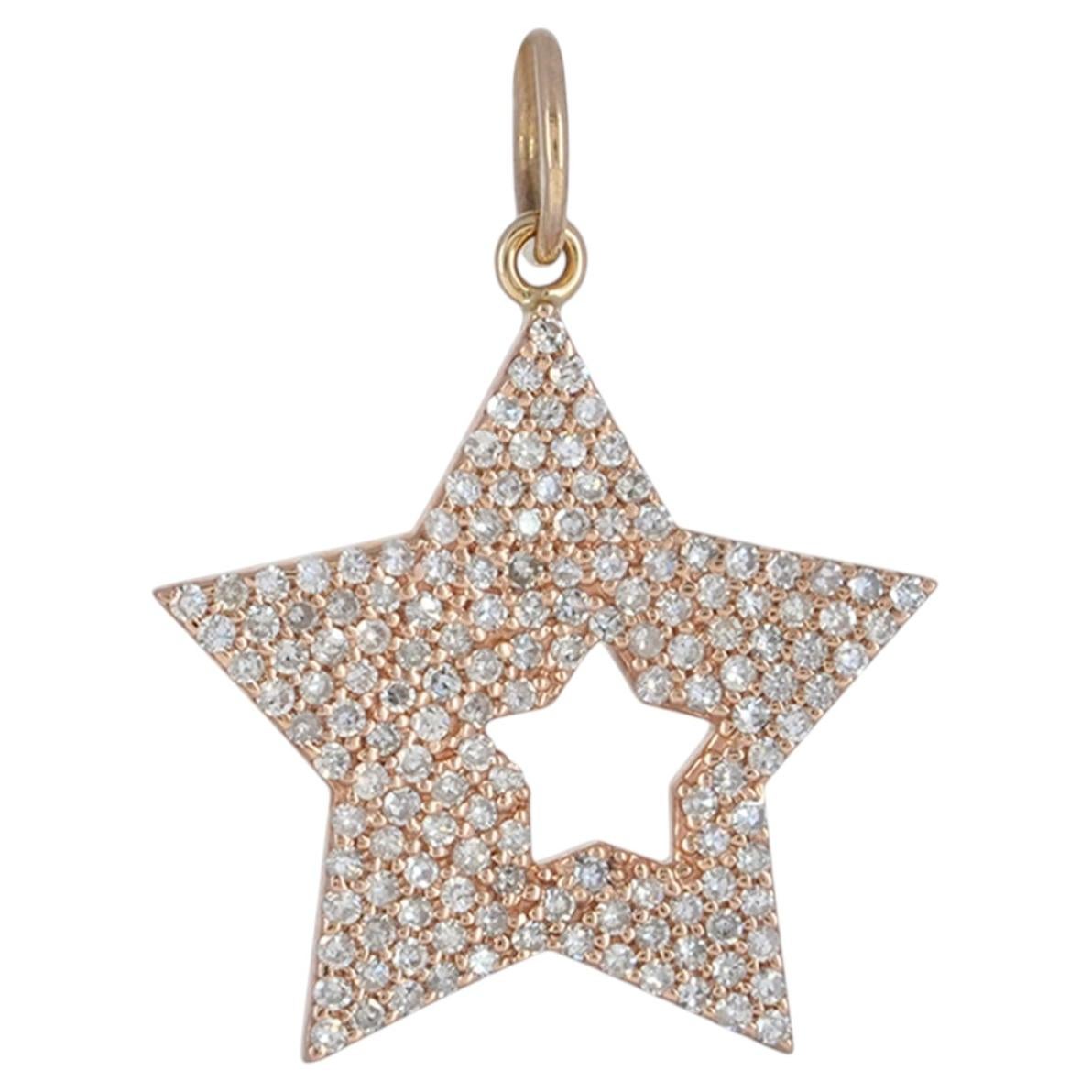 Solid 14K Rose Gold Star Charm Genuine Pave Diamond Star Pendant For Sale