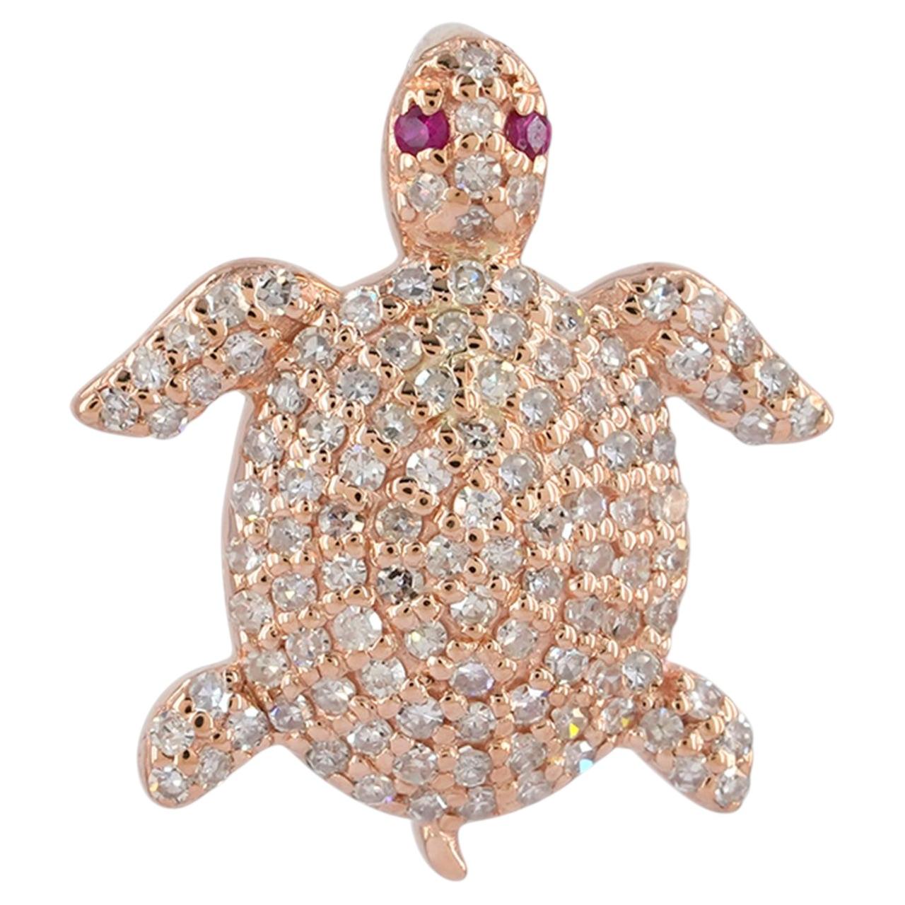 Solid 14k Rose Gold Tortoise Pendant Pave Diamond Natural Ruby Gemstone Jewelry
