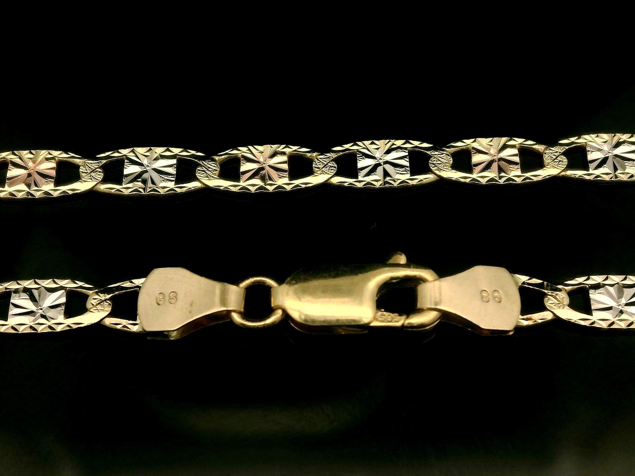 MATERIAL: 14k Massiv Gelb-, Rose- und Weißgold 
Gewicht: 12,32 Gramm
Typ: Wohnung Mariner Link
Länge: 22 Zoll
Verschluss: Hummerklaue
Breite: 4 mm (0,15