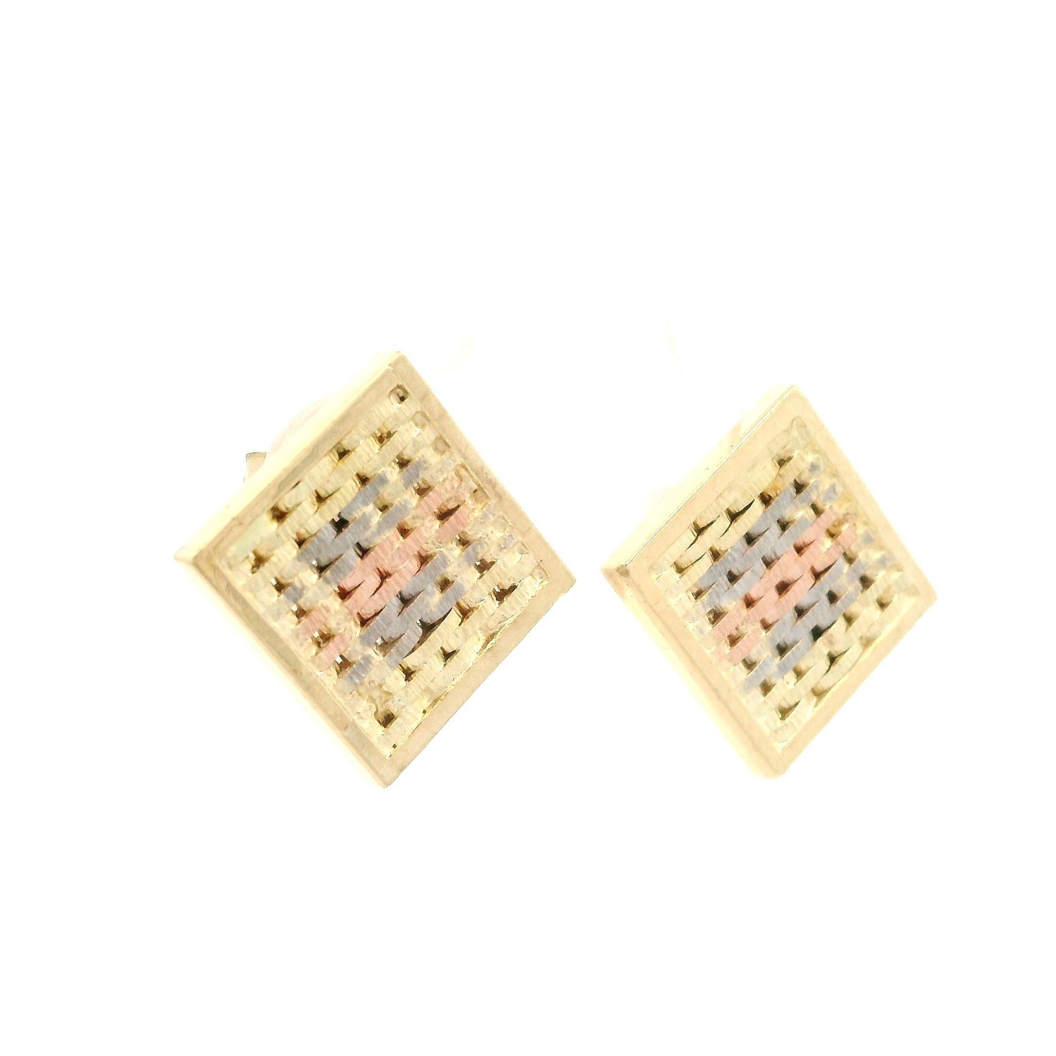 De las mujeres Pendientes de oro macizo de 14k tricolor con panel cuadrado tejido y cierre de mariposa en venta