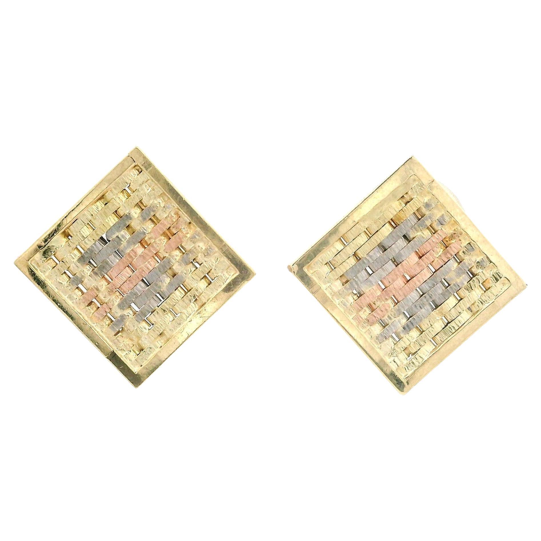 Solid 14k Tri Color Gold Square Panel Woven Stud Earrings w/ Butterfly Closures