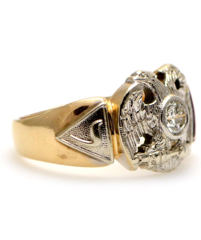 Solid 14 Karat TwoTone Gold Antique Masonic Genuine Diamond Ring, 9.1