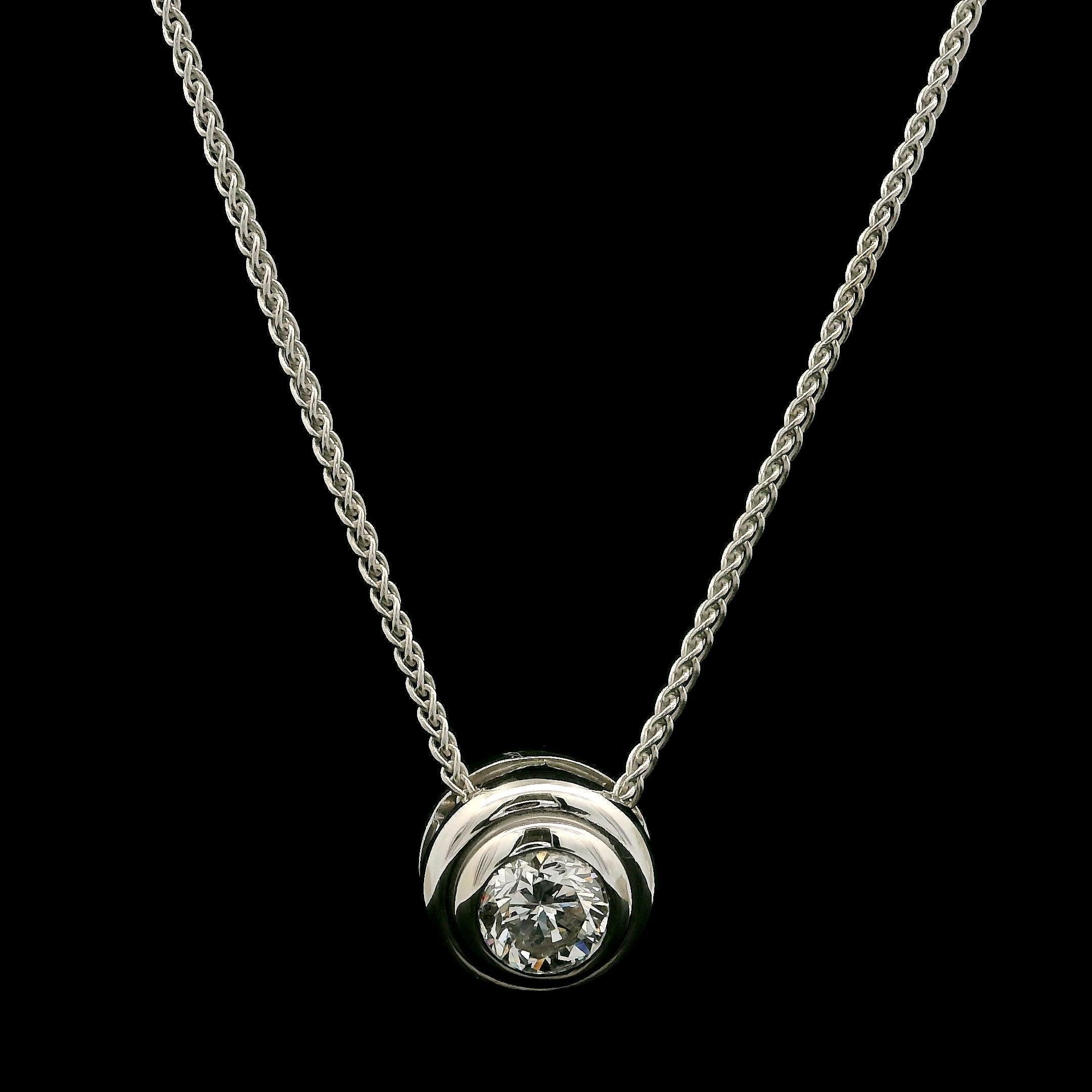 Brilliant Cut Solid 14k White Gold 0.40ct Round Bezel Diamond Solitaire Slide Pendant Necklace For Sale
