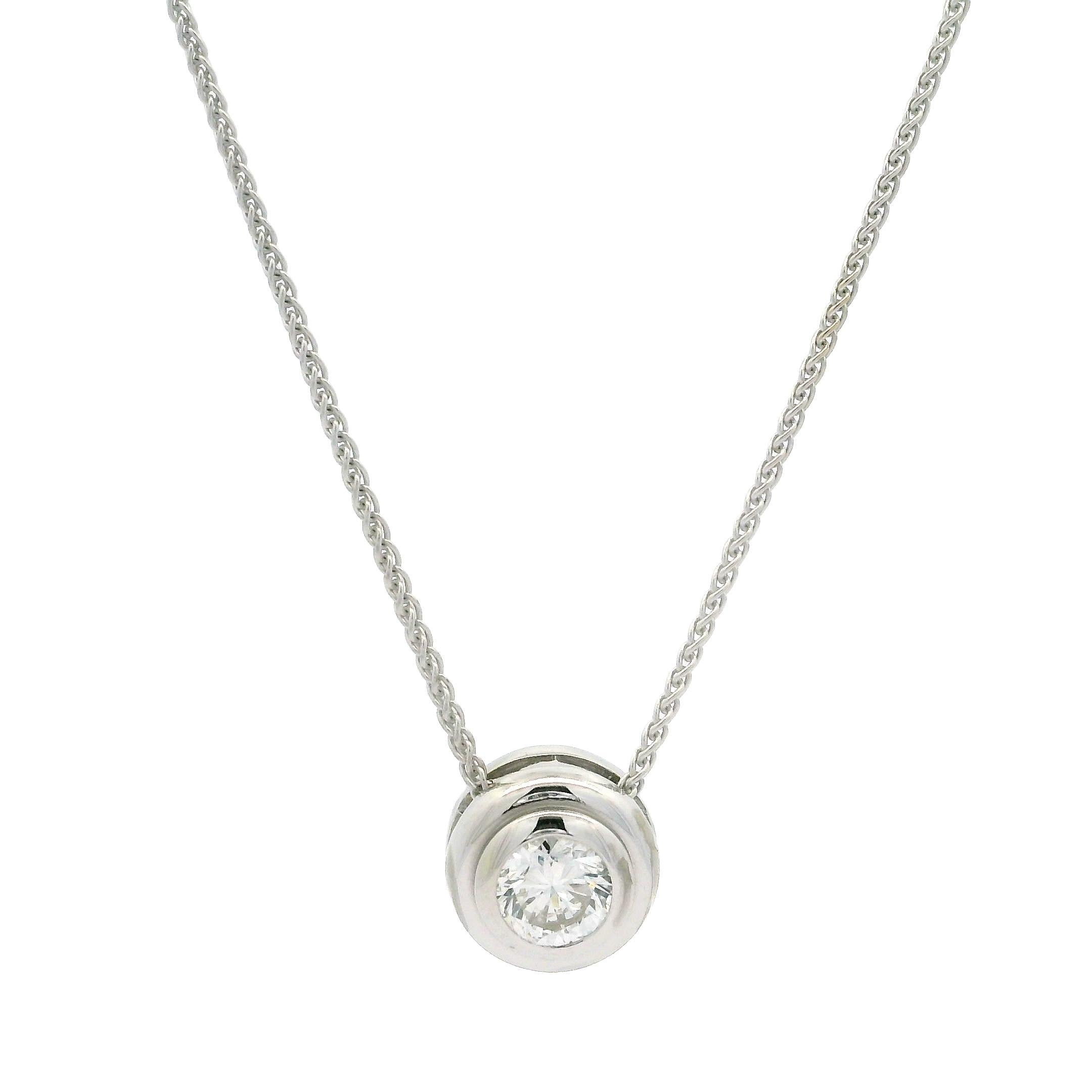 Women's Solid 14k White Gold 0.40ct Round Bezel Diamond Solitaire Slide Pendant Necklace For Sale