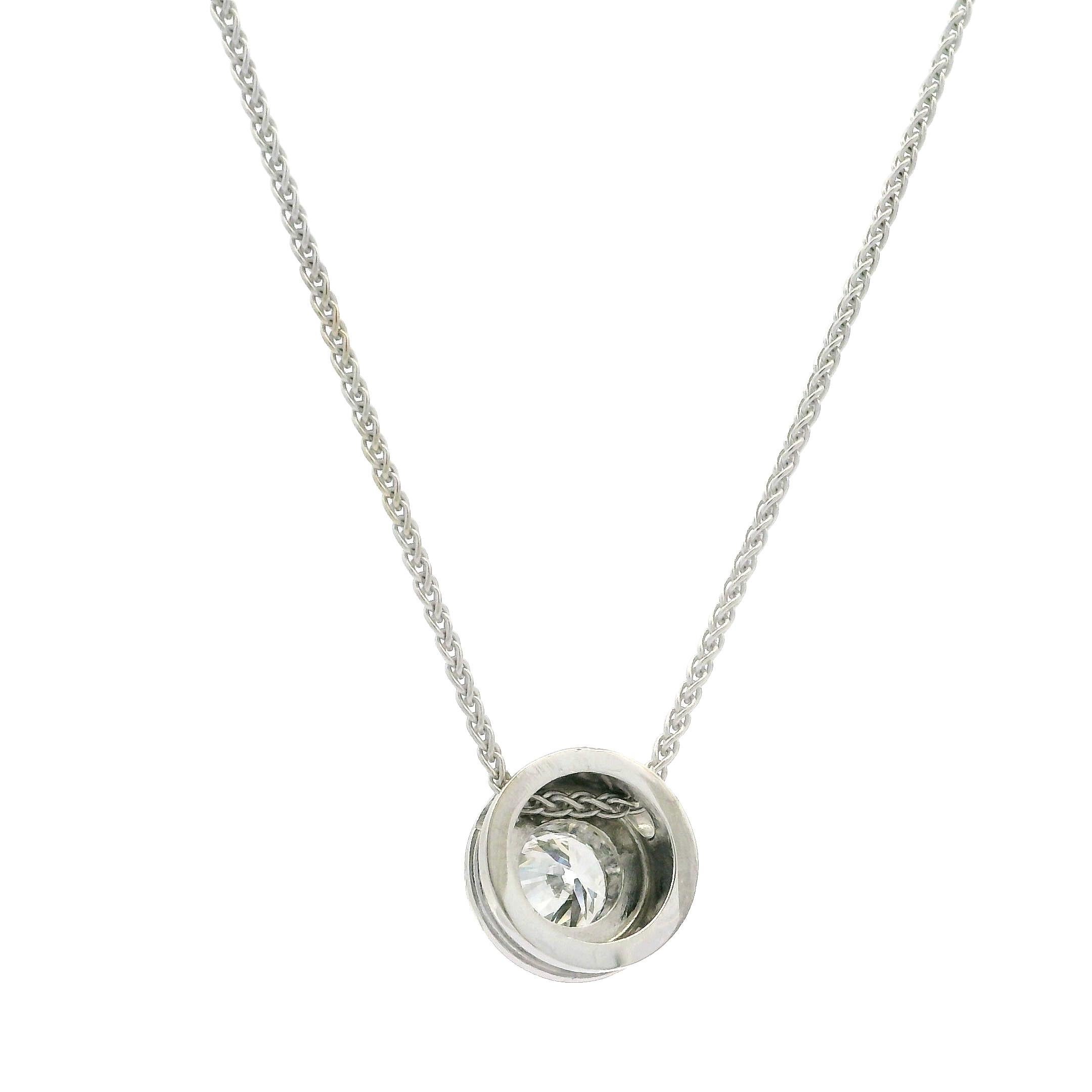 Solid 14k White Gold 0.40ct Round Bezel Diamond Solitaire Slide Pendant Necklace For Sale 2
