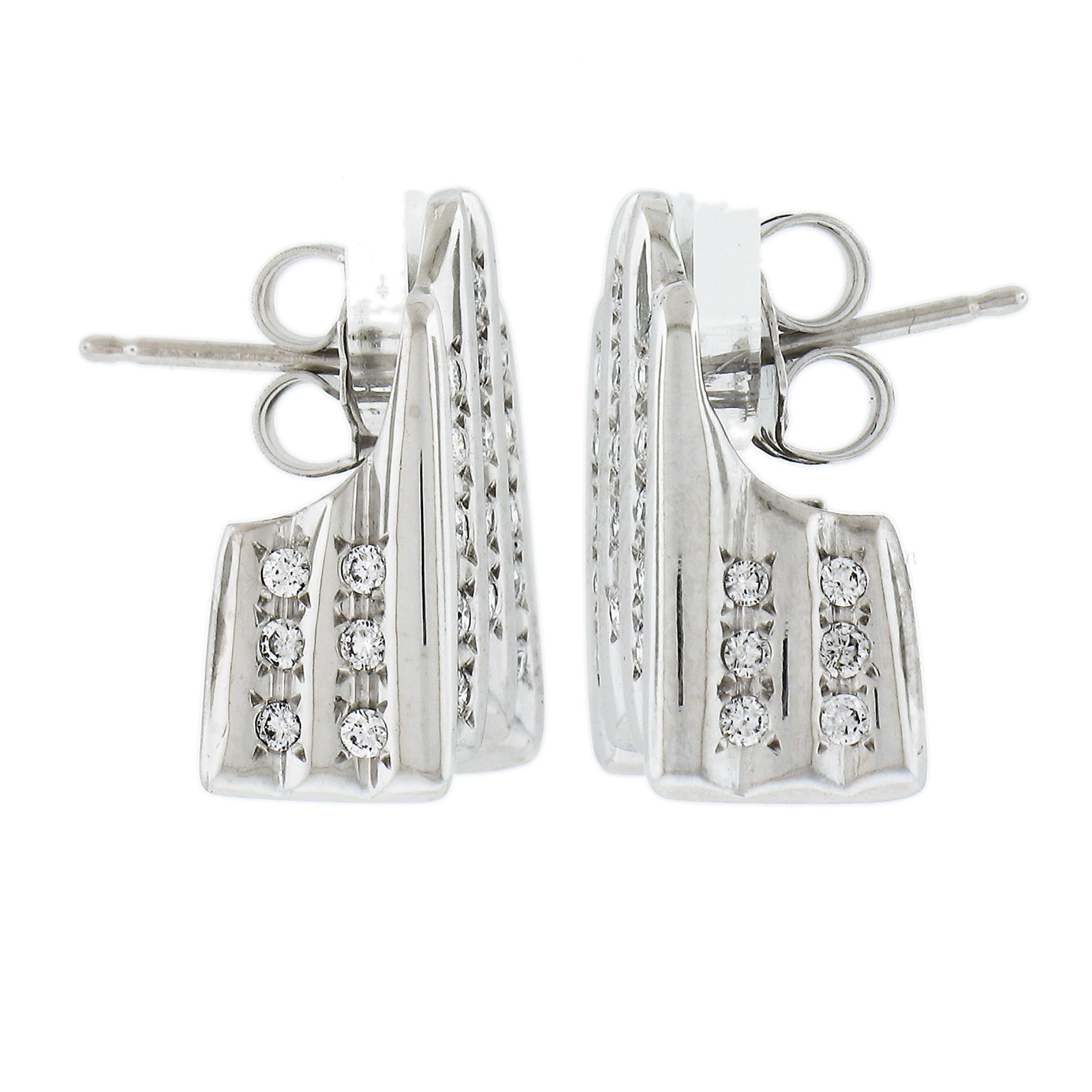 Round Cut Solid 14K White Gold 0.50ctw Pave Set Diamond Grooved Polished Stud Earrings For Sale
