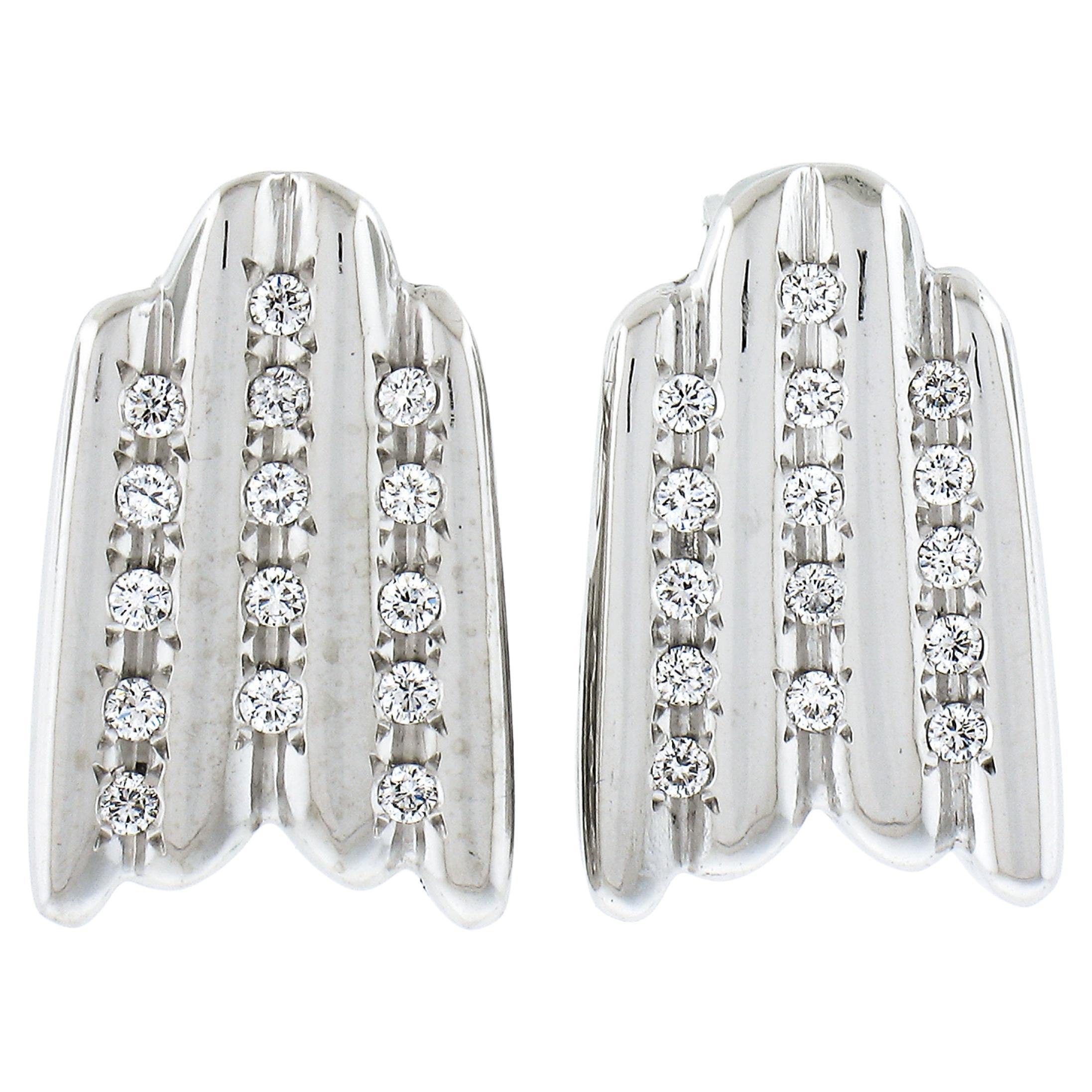 Solid 14K White Gold 0.50ctw Pave Set Diamond Grooved Polished Stud Earrings