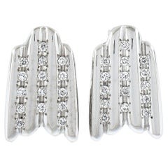 Solid 14K White Gold 0.50ctw Pave Set Diamond Grooved Polished Stud Earrings