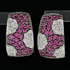 Solid 14K White Gold 1.30ctw Pave Ruby & Diamond Cuff Statement Omega Earrings