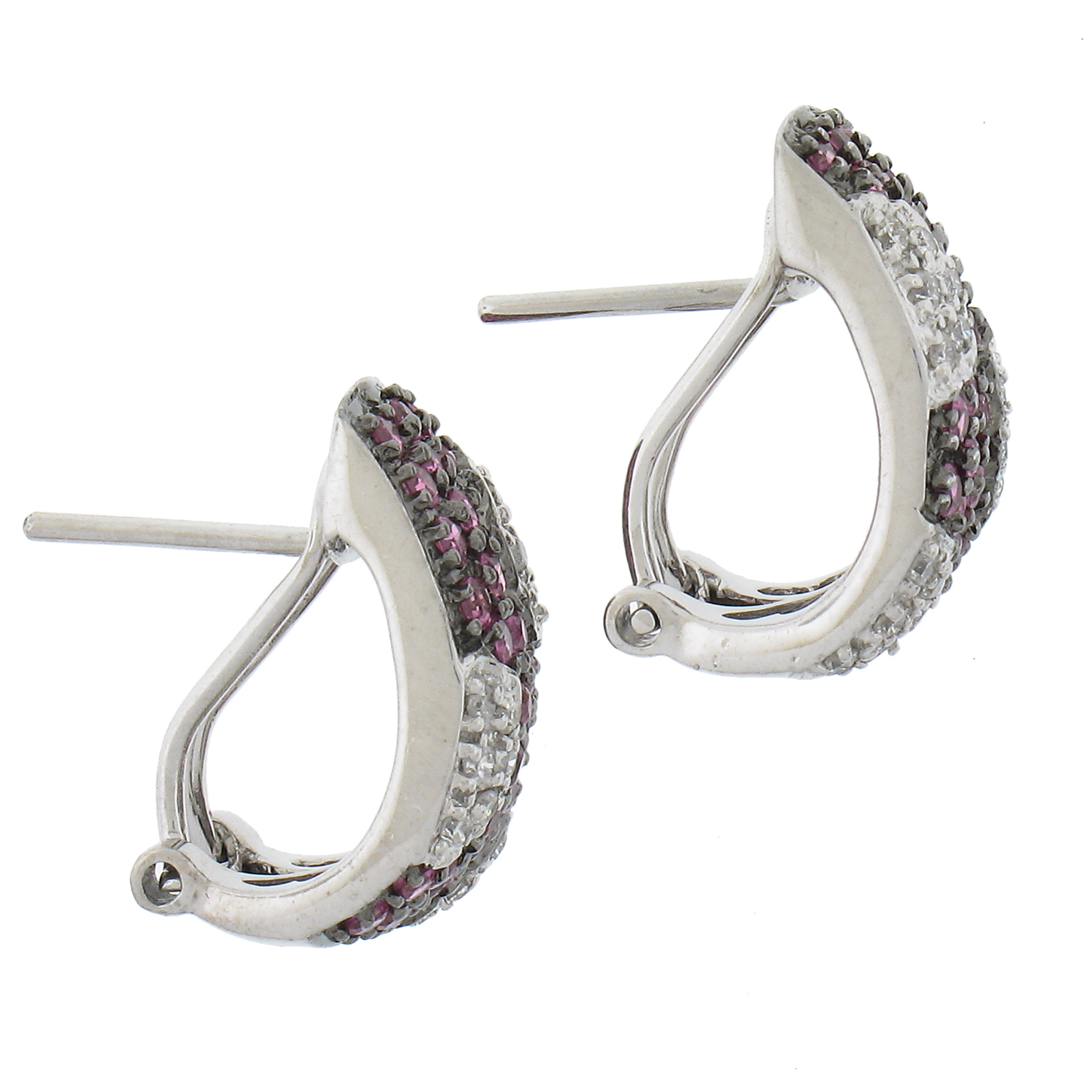 Round Cut Solid 14K White Gold 1.30ctw Pave Ruby & Diamond Cuff Statement Omega Earrings For Sale