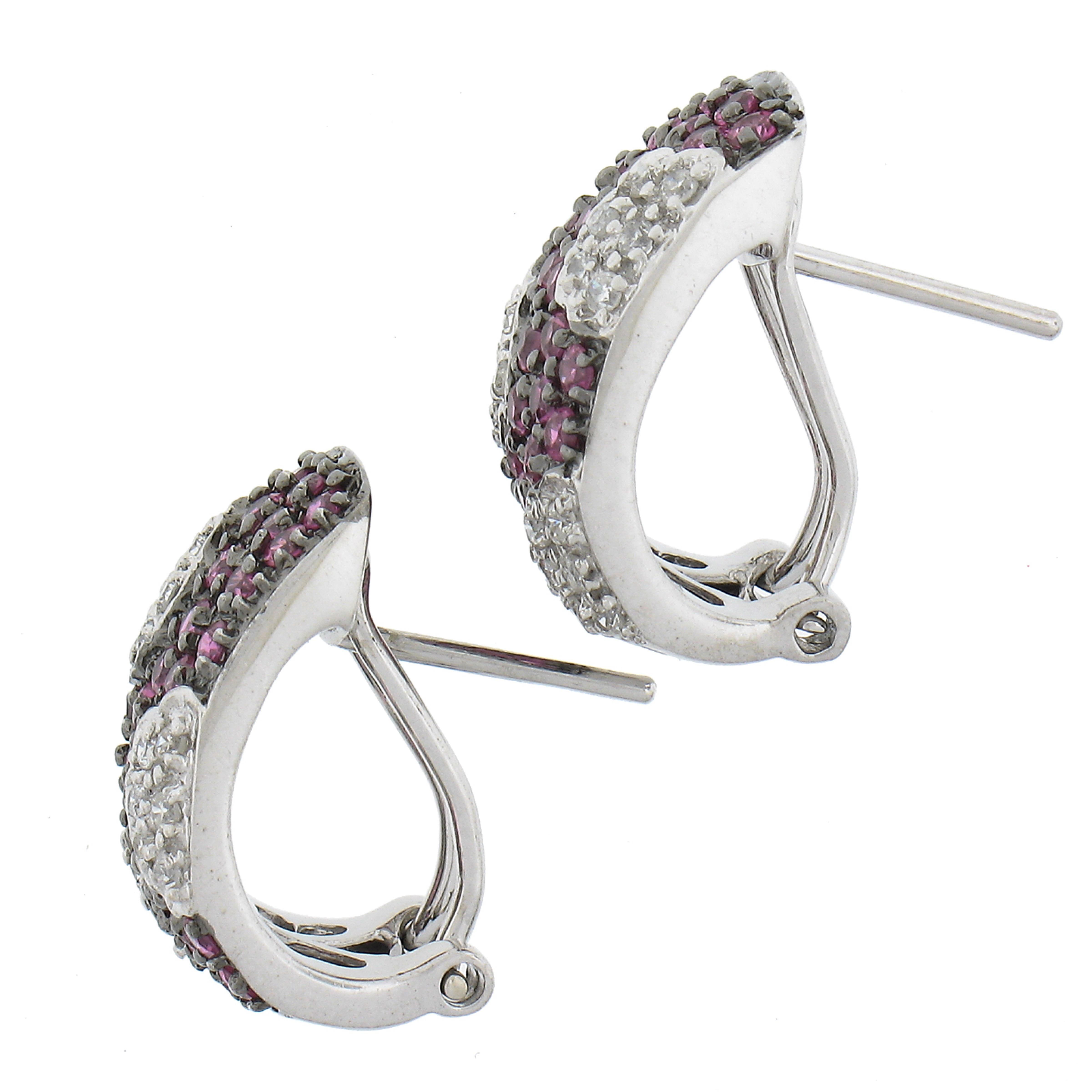 Solid 14K White Gold 1.30ctw Pave Ruby & Diamond Cuff Statement Omega Earrings In Excellent Condition For Sale In Montclair, NJ
