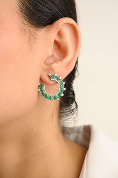 Solid 14k White Gold 3.95 Carats Natural Emerald Diamond Circle Stud Earrings