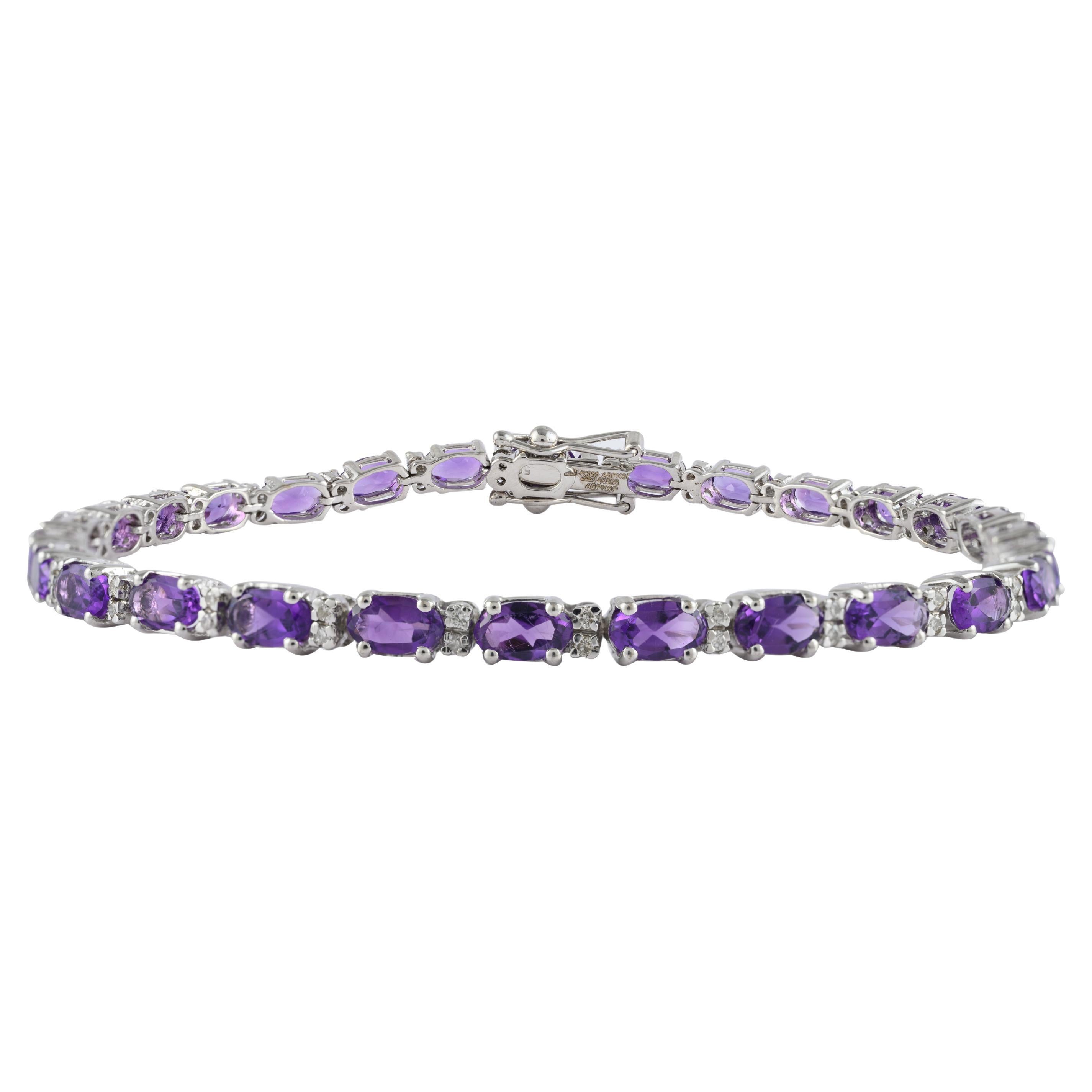 Bracelet tennis en or blanc 14 carats massif avec améthyste de 5,65 carats et diamants