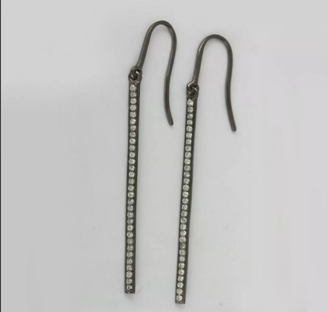 Solid 14k White Gold Bar Earrings Natural Diamond Bar Hook Earring Mom Birthday. For Sale 4