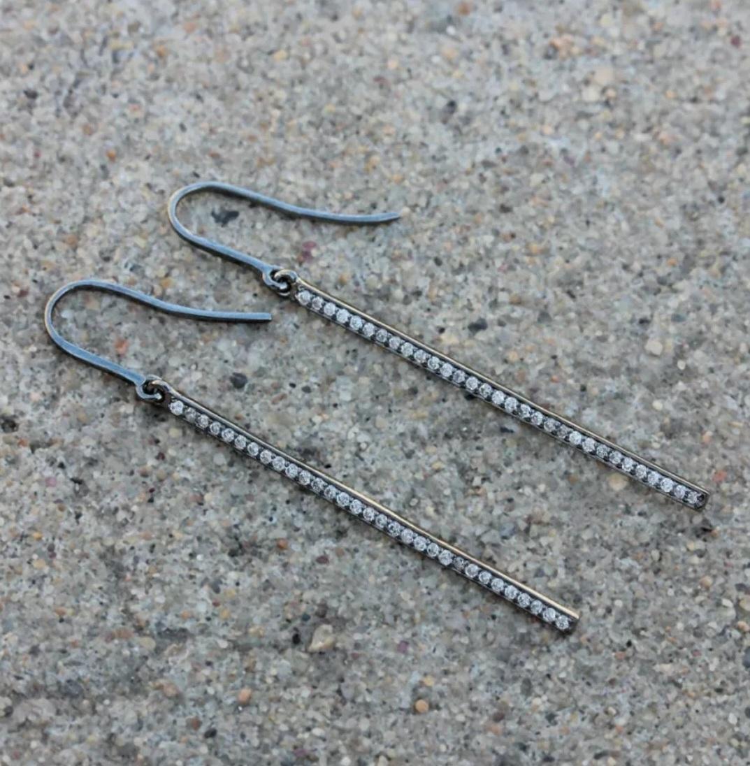 Solid 14k White Gold Bar Earrings Natural Diamond Bar Hook Earring Mom Birthday. For Sale 1