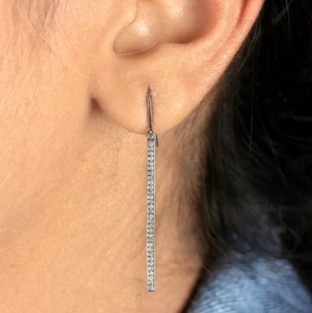 Solid 14k White Gold Bar Earrings Natural Diamond Bar Hook Earring Mom Birthday. For Sale 3