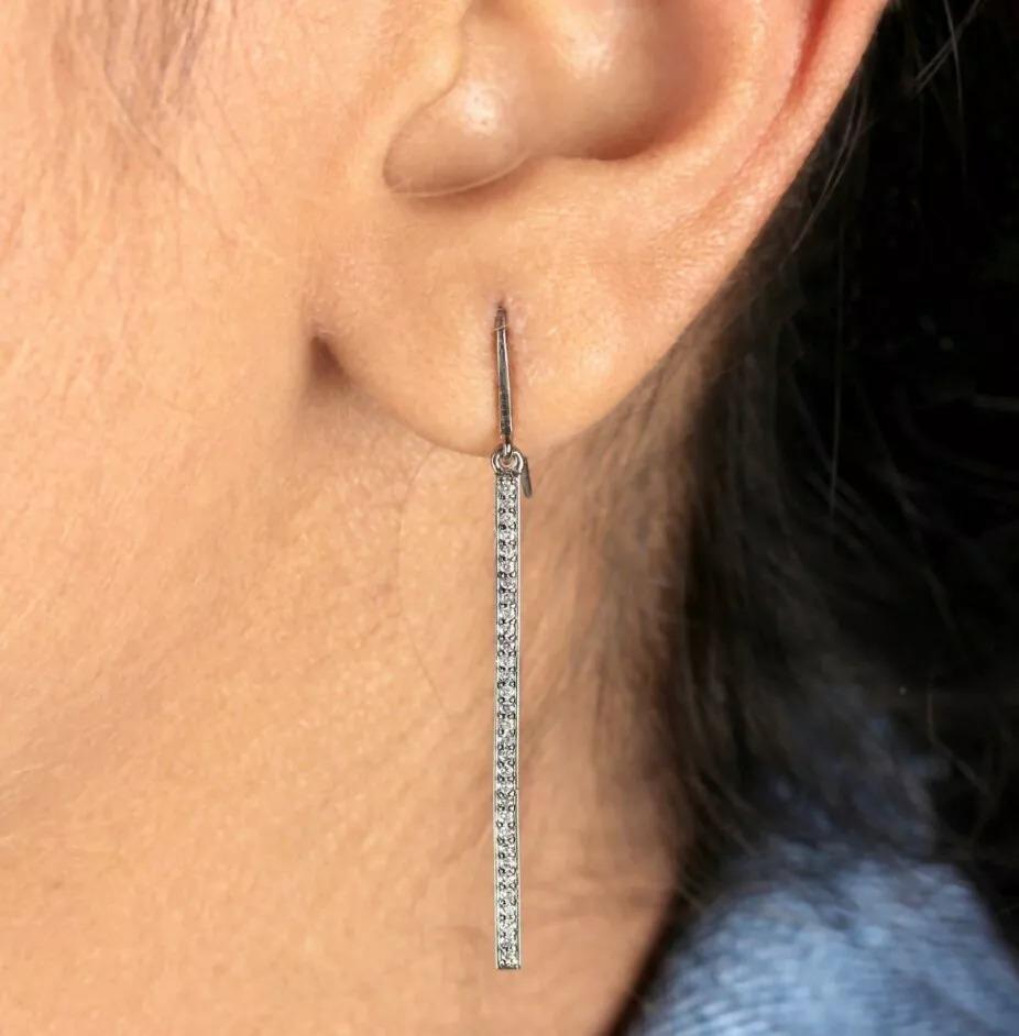 Solid 14K White Gold Bar Hook Earring Handmade Fine Jewelry In New Condition For Sale In Chicago, IL