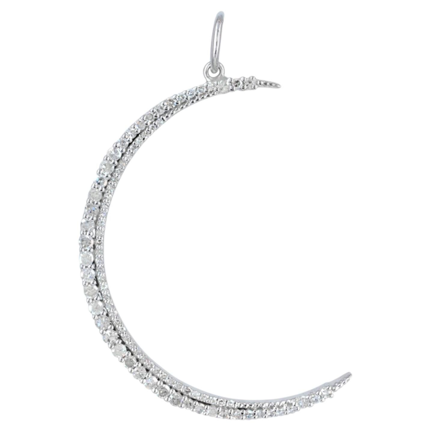 Solid 14K White Gold Crescent Moon Charm Pendant Natural Diamond Fine Jewelry