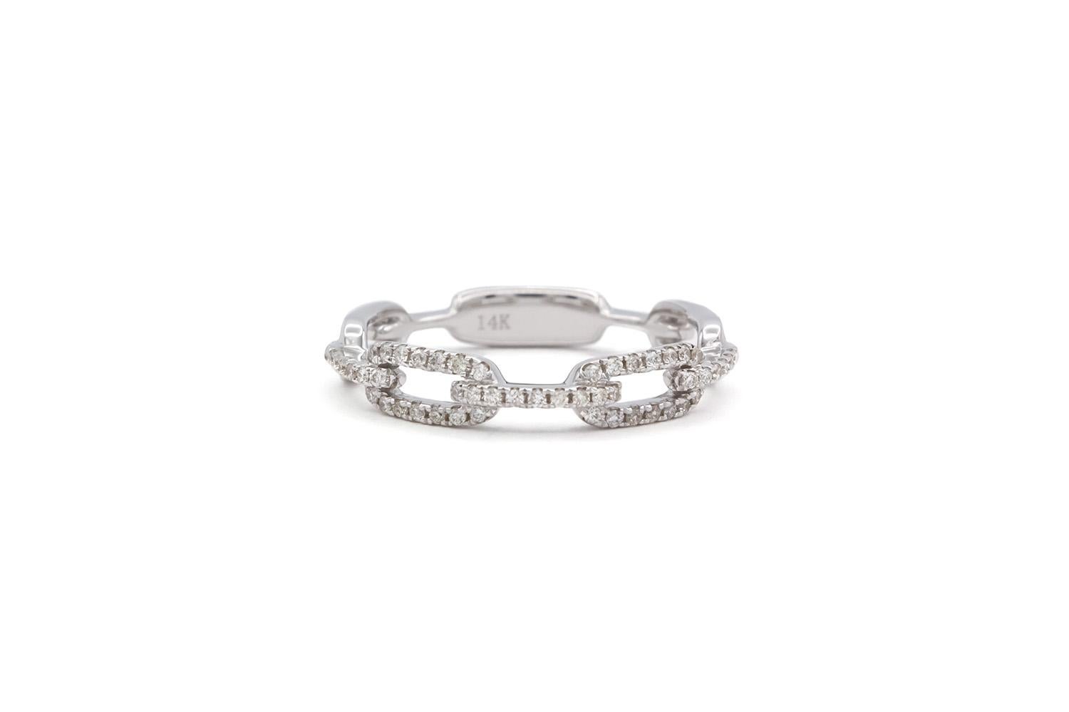 We are pleased to offer this Brand New Solid 14k White Gold & Diamond Ladies Paperclip Stacking Fashion Ring. This beautiful ring features the super popular 