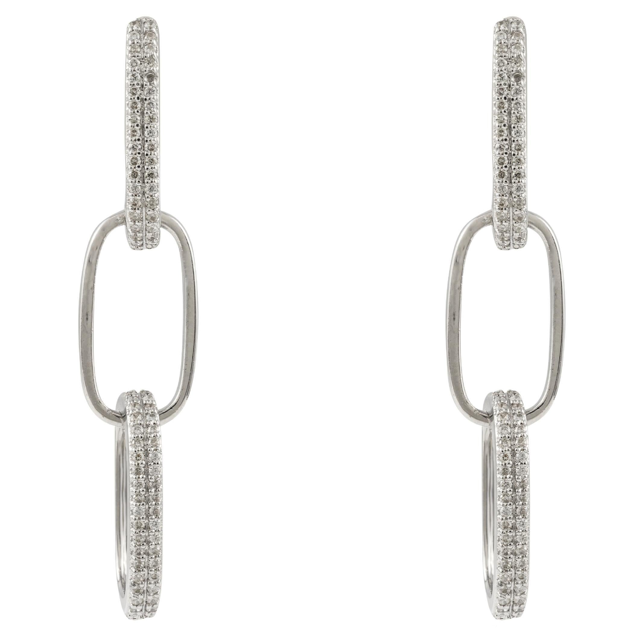 Solid 14k White Gold  Diamond Paperclip Chain Dangle Earrings For Her For Sale