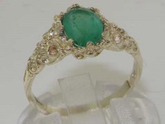 Solid 14K White Gold Emerald Solitaire Victorian Engagement Ring Customizable
