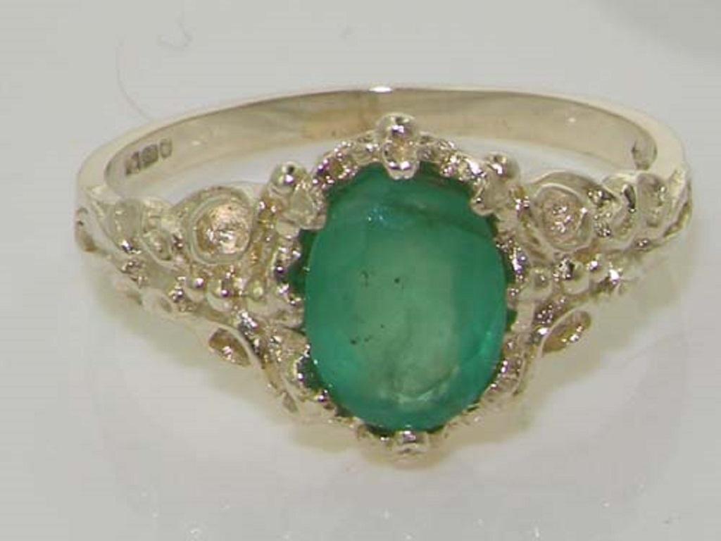 For Sale:  Solid 14K White Gold Emerald Solitaire Victorian Engagement Ring Customizable 6