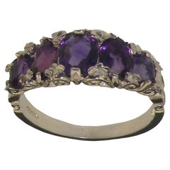 Retro Solid 14K White Gold Five Amethyst Victorian Style Eternity Ring Customizable