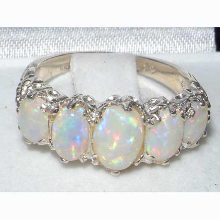 For Sale:  Solid 14K White Gold Five Stone Natural Opal Eternity Ring Customizable 4
