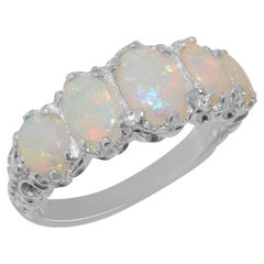 Solid 14K White Gold Five Stone Natural Opal Eternity Ring Customizable
