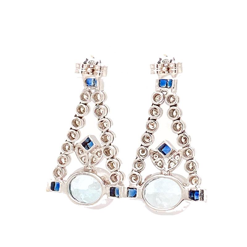 Solid 14 Karat Gold Genuine Aquamarine, Sapphire and Diamond Chandelier Earrings In Excellent Condition In Manchester, NH