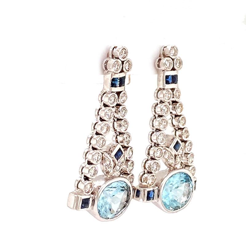 Women's or Men's Solid 14 Karat Gold Genuine Aquamarine, Sapphire and Diamond Chandelier Earrings