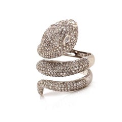 Solid 14 Karat White Gold Genuine Diamond Encrusted Snake Ring 3.00 Carat 9.4g