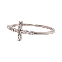 Solid 14 Karat White Gold Genuine Diamond Sideways Cross Ring 0.11 Carat 1.2g