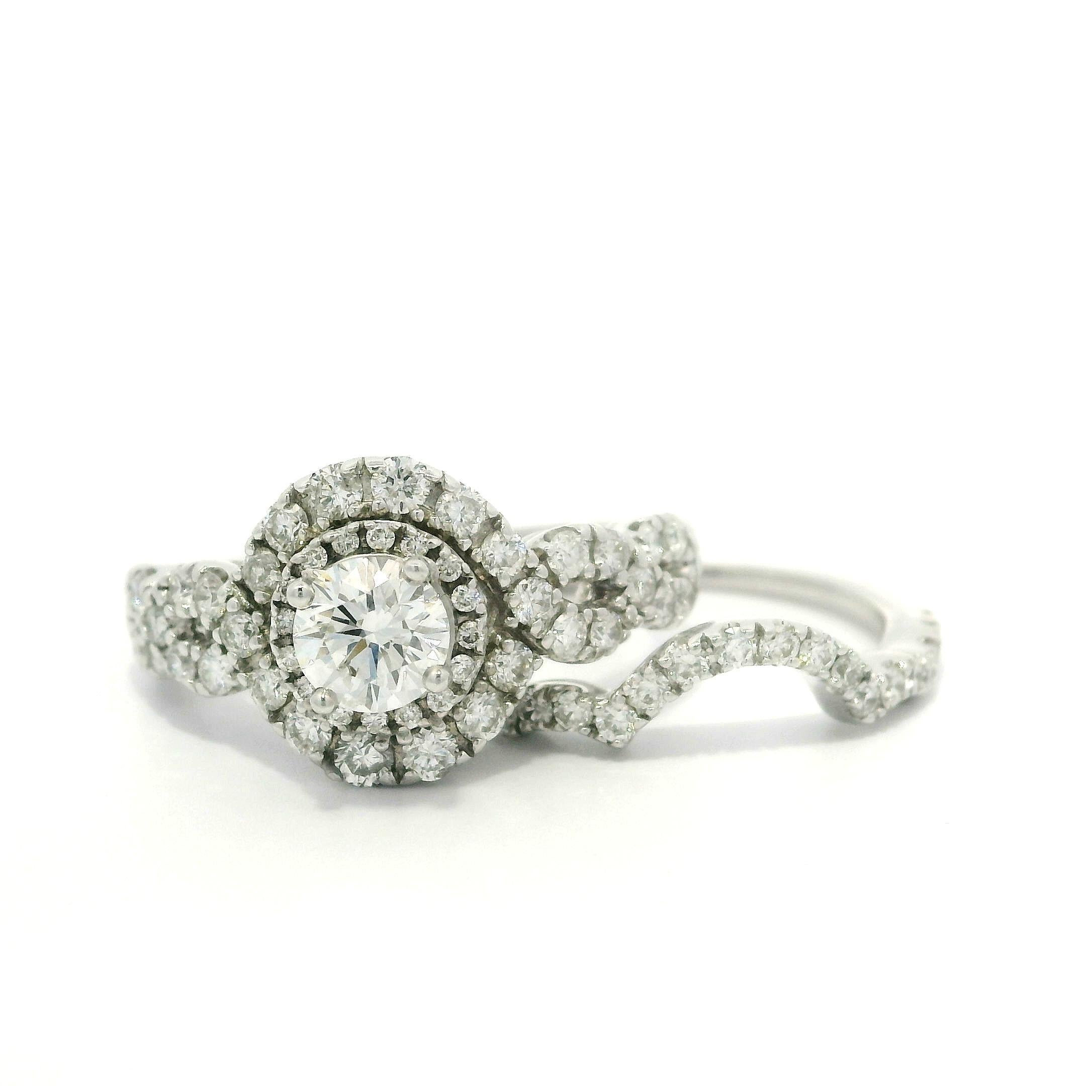 Solid 14k White Gold GIA 0.51ct Diamond Engagement Ring w/ Custom Curve Band Set For Sale 6