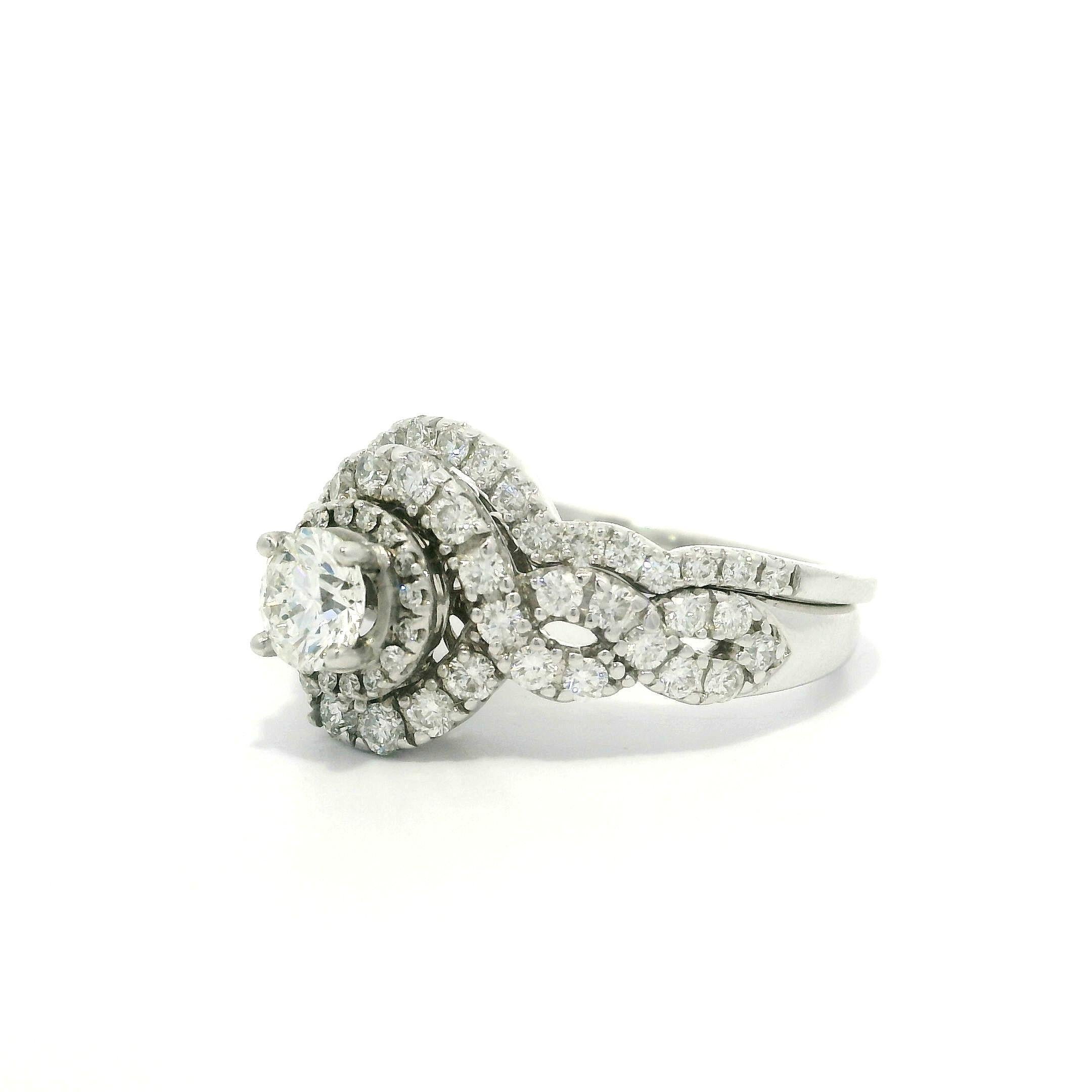 Solid 14k White Gold GIA 0.51ct Diamond Engagement Ring w/ Custom Curve Band Set For Sale 11