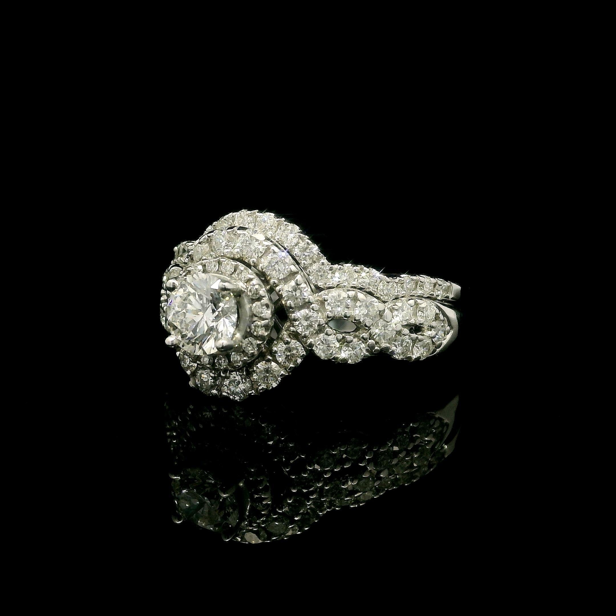 Solid 14k White Gold GIA 0.51ct Diamond Engagement Ring w/ Custom Curve Band Set For Sale 14