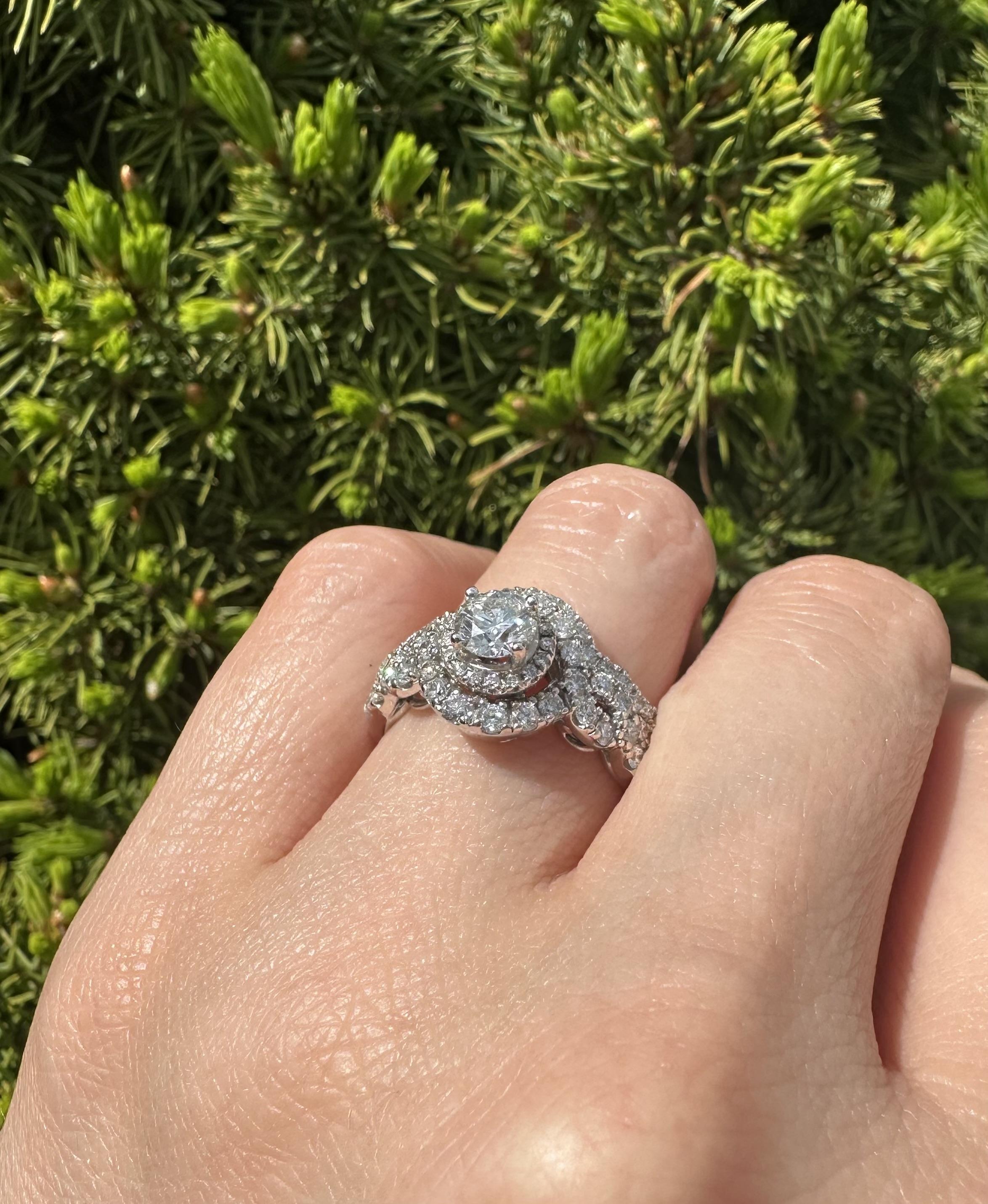 Solid 14k White Gold GIA 0.51ct Diamond Engagement Ring w/ Custom Curve Band Set For Sale 2
