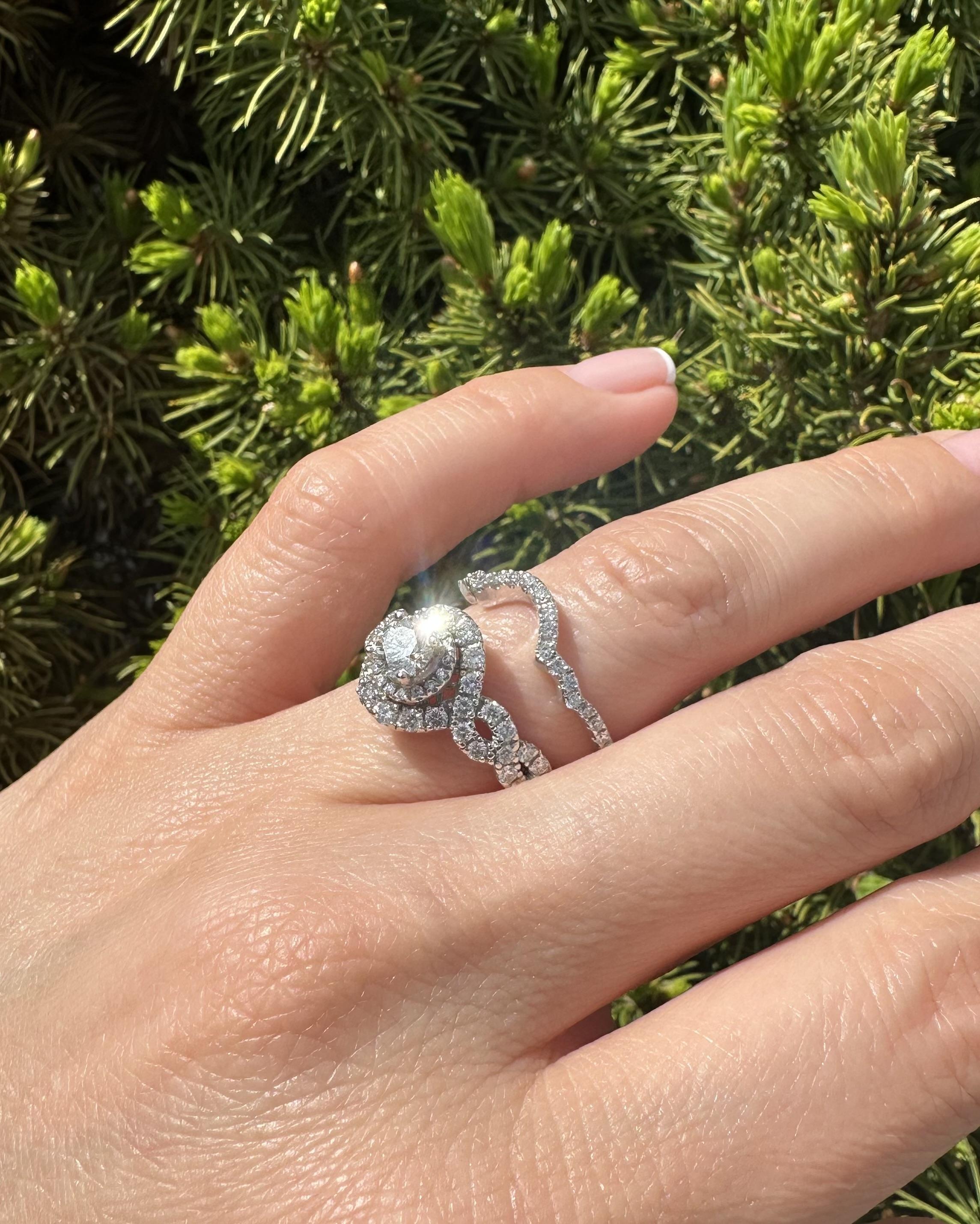 Solid 14k White Gold GIA 0.51ct Diamond Engagement Ring w/ Custom Curve Band Set For Sale 3