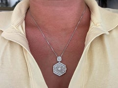 Solid 14K White Gold Hexagon Shaped Diamond Pendant and Chain