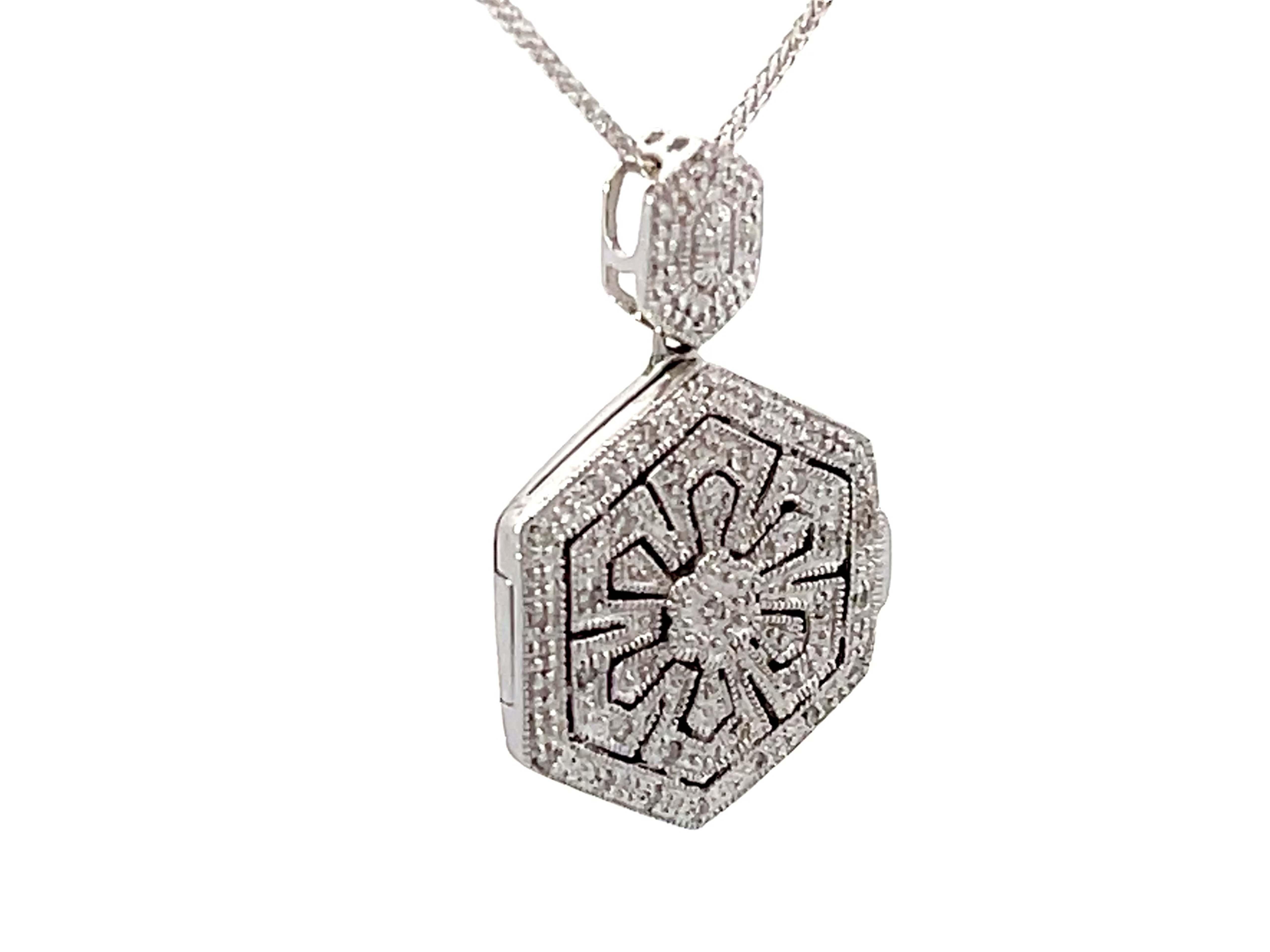 Modern Solid 14K White Gold Hexagon Shaped Diamond Pendant and Chain For Sale