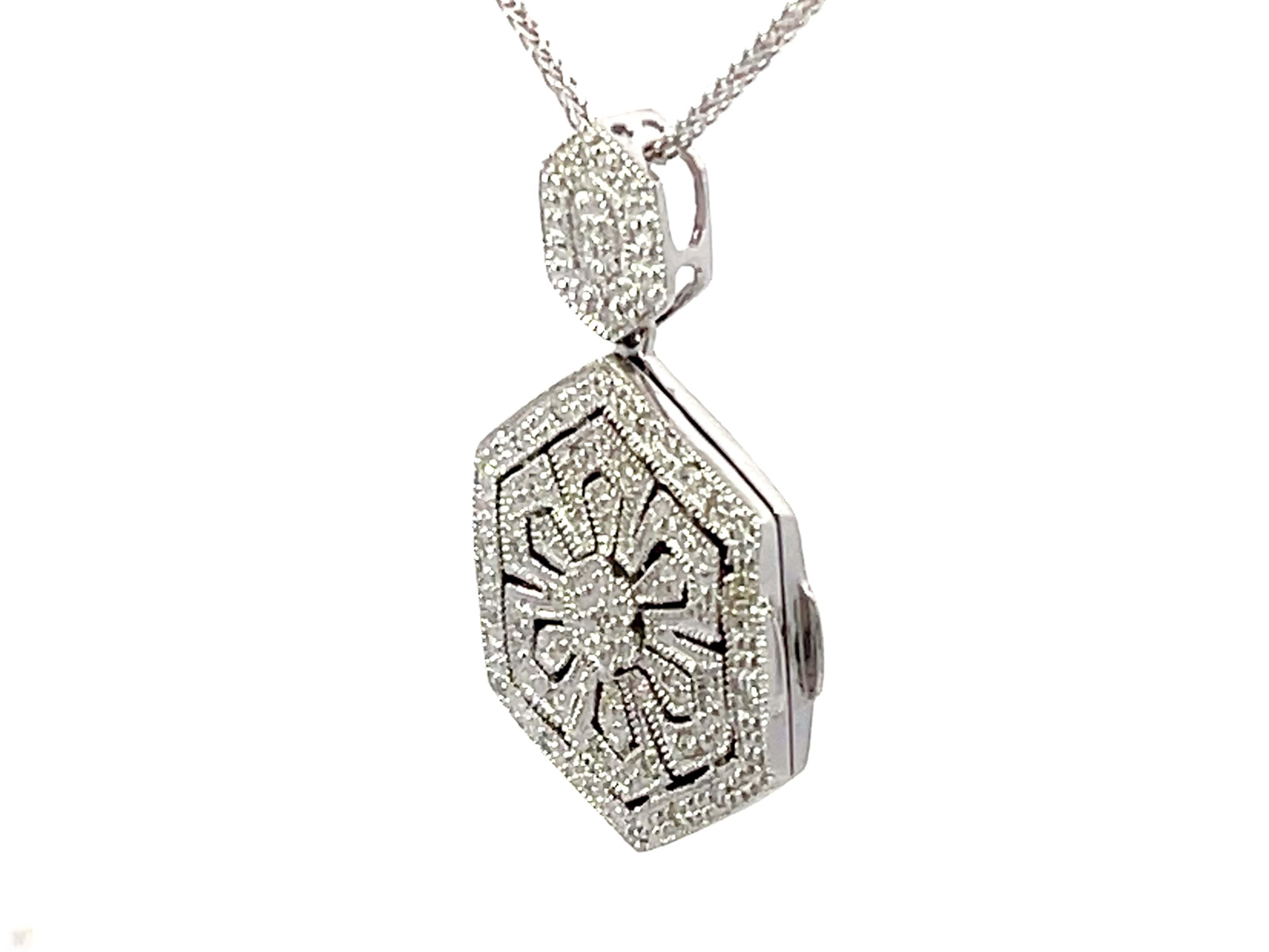 Brilliant Cut Solid 14K White Gold Hexagon Shaped Diamond Pendant and Chain For Sale