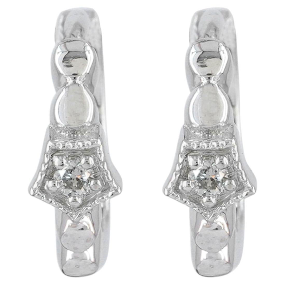 Solid 14k White Gold Huggie Earrings Natural White Diamond Minimalist Earrings For Sale