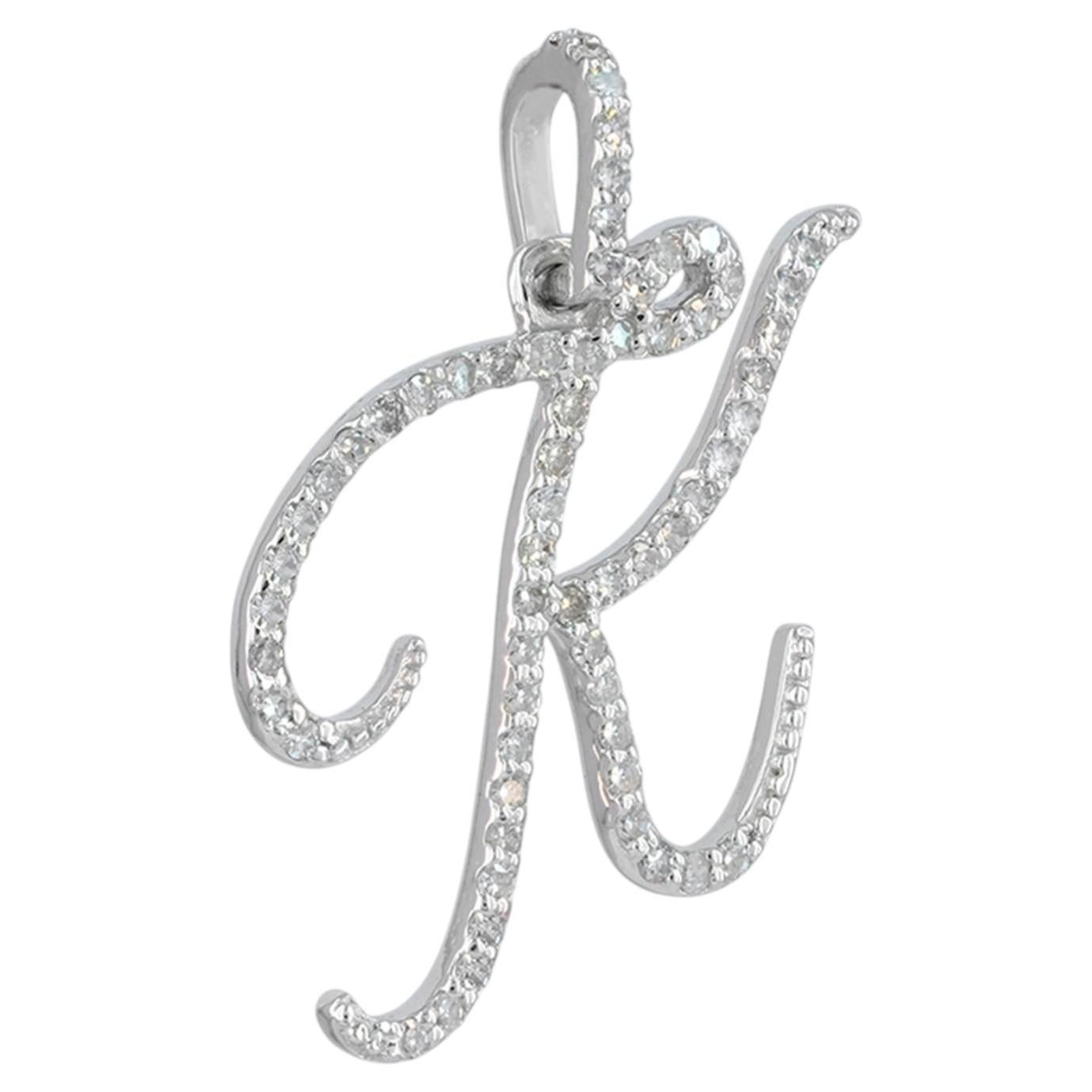 Solid 14k White Gold K Initial Pendant Natural Diamond K Letter Charm Jewelry