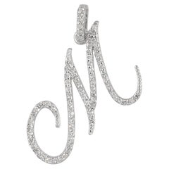 Solid 14k White Gold M Letter Charm Natural Pave Diamond Pendant Fine Jewelry